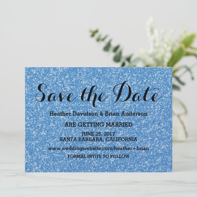 Invitación de Fecha de Boda con Brillo Azul (Anverso de pie)