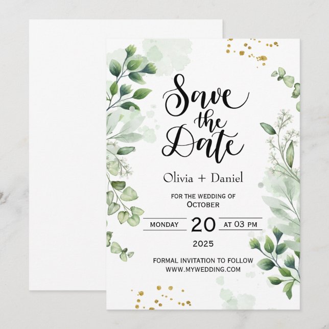 Invitación de fecha de boda de fuga con vegetación (Anverso / Reverso)