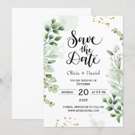 Invitación de fecha de boda de fuga con vegetación