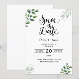 Invitación de fecha de boda de fuga con vegetación