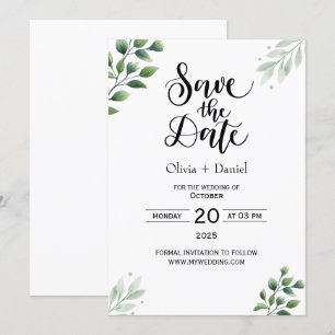 Invitación de fecha de boda de fuga con vegetación