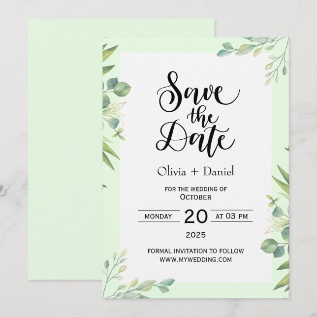Invitación de fecha de boda de fuga con vegetación (Anverso / Reverso)