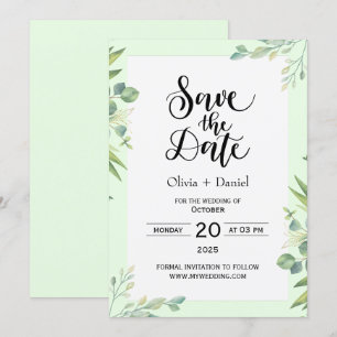 Invitación de fecha de boda de fuga con vegetación
