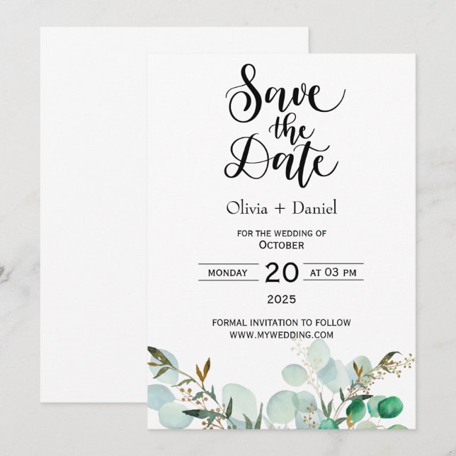 Invitación de fecha de boda de fuga con vegetación (Anverso / Reverso)
