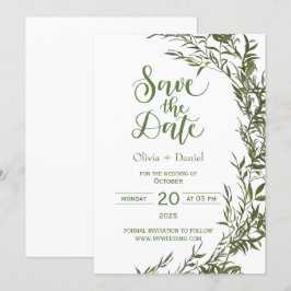 Invitación de fecha de boda de fuga con vegetación
