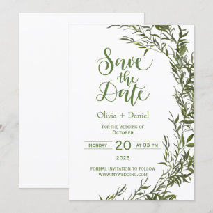Invitación de fecha de boda de fuga con vegetación