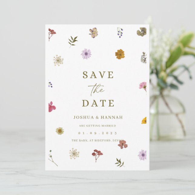 Invitación de fecha de guardado de flor prensada (Anverso de pie)