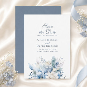Invitación de fecha de salvación floral azul polvo