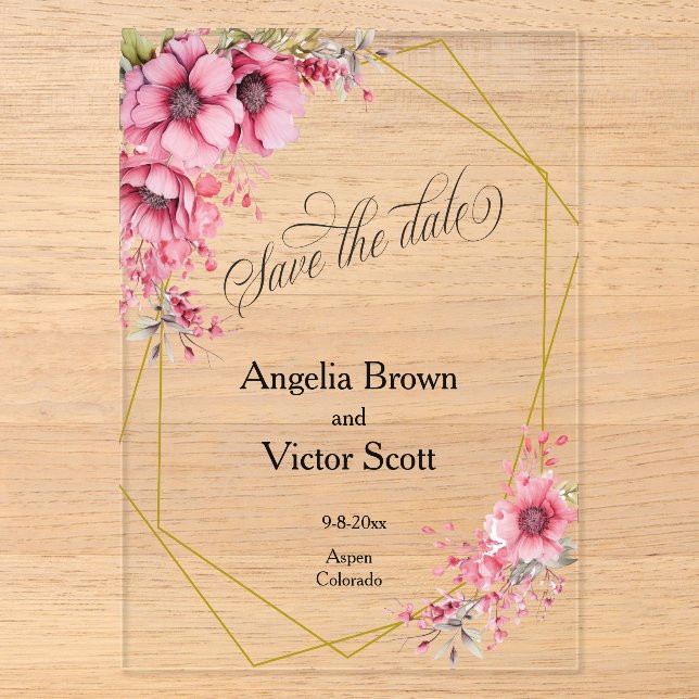 Invitación de fecha de salvación floral rosa (Anverso)