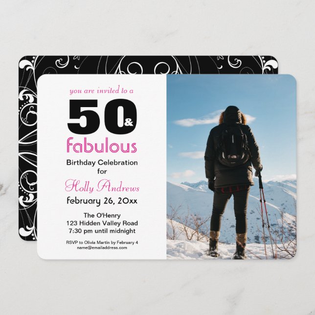 Invitación de fiesta "50 & Fabulous" con foto a co (Anverso / Reverso)