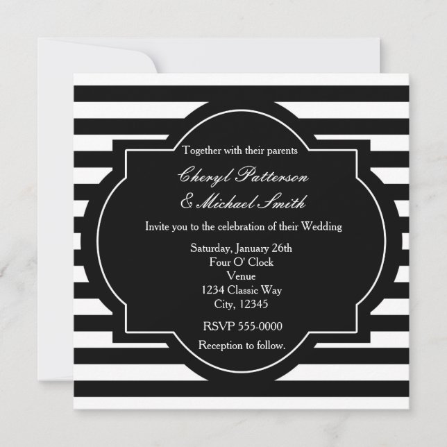 Invitación de fiesta a rayas de estilo blanco y ne (Anverso)