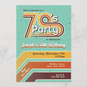 Invitación de fiesta a rayas retro de los 70