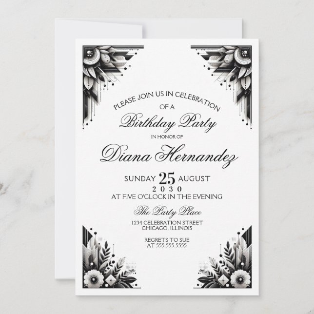 Invitación de fiesta Art Deco floral (Anverso)