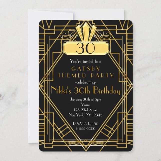 Invitación de fiesta Art Deco negro y dorado (Anverso)