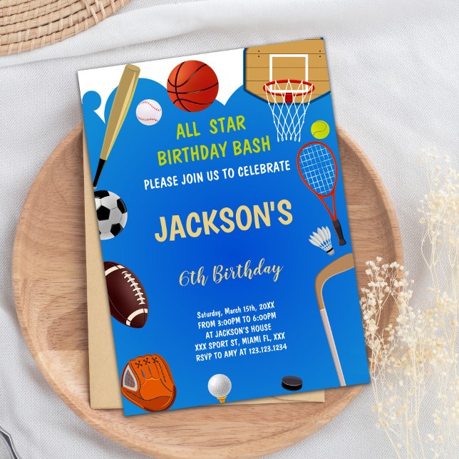 Invitación de Fiesta atlético editable de todas la (Blue Background Sports Birthday Invitations)