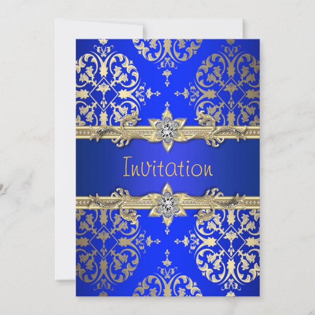 Invitación de Fiesta azul real Damask de oro azul (Anverso)