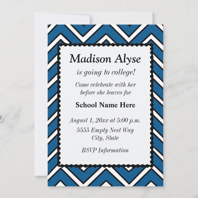 Invitación de fiesta azul y blanca con Chevron par (Anverso)