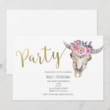 Invitación de fiesta boho de cráneo de vaca floral