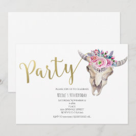 Invitación de fiesta boho de cráneo de vaca floral