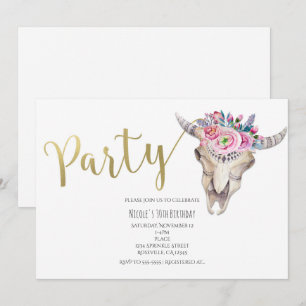 Invitación de fiesta boho de cráneo de vaca floral