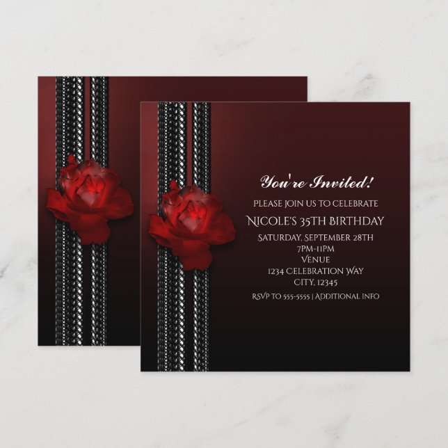 Invitación de fiesta burdeos Rosa y Encaje Ilumina (Anverso / Reverso)