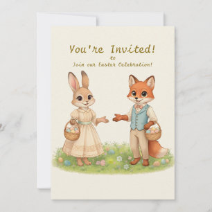 Invitación de fiesta caprichosa de conejo y zorro