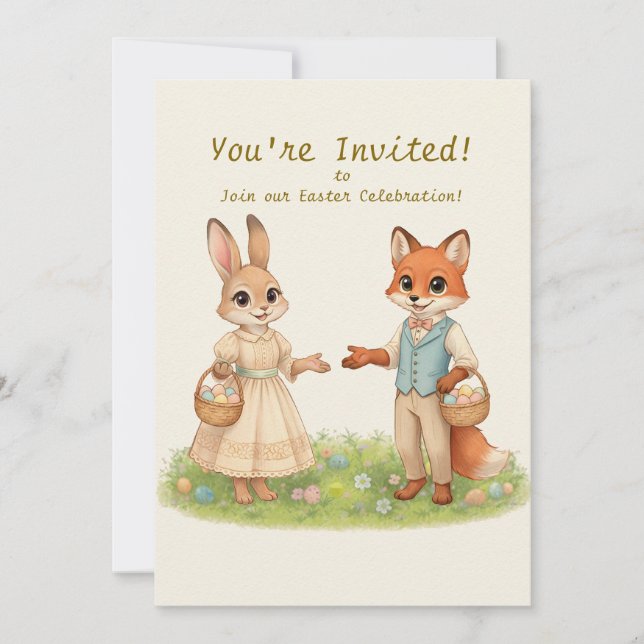 Invitación de fiesta caprichosa de conejo y zorro  (Anverso)