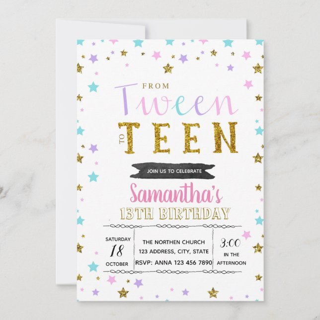 Invitación de fiesta colorida para preadolescentes (Anverso)