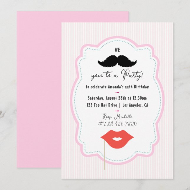 Invitación de fiesta con bigote retro rosa extrava (Anverso / Reverso)