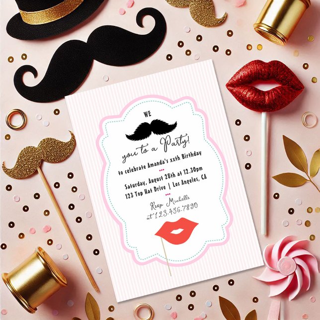 Invitación de fiesta con bigote retro rosa extrava (Quirky Pink Retro Mustache Party Invitation)