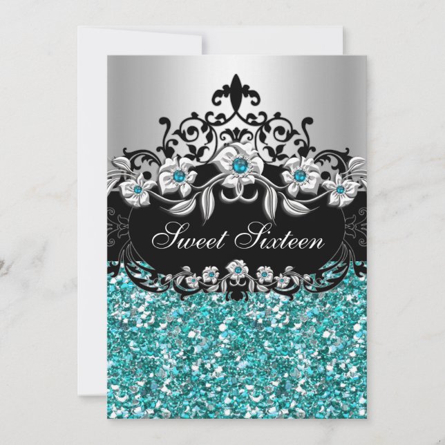 Invitación de Fiesta con Brillo Floral Turquesa pa (Anverso)
