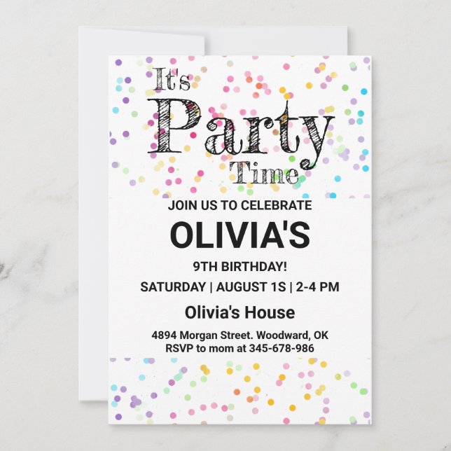 Invitación de fiesta con confeti, Es hora de fiest (Anverso)