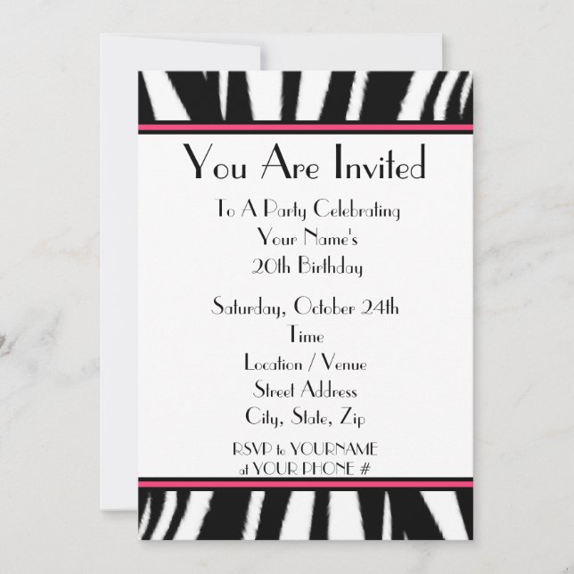 Invitación de fiesta con estampado de cebra (Anverso)