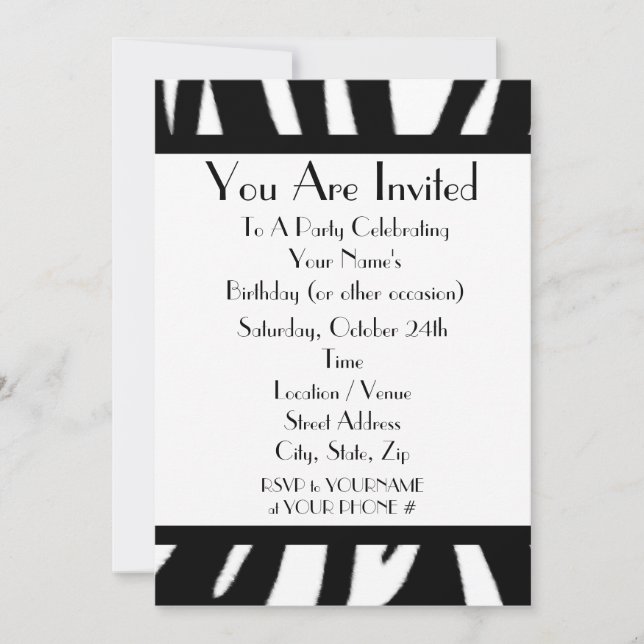 Invitación de fiesta con estampado de cebra (Anverso)