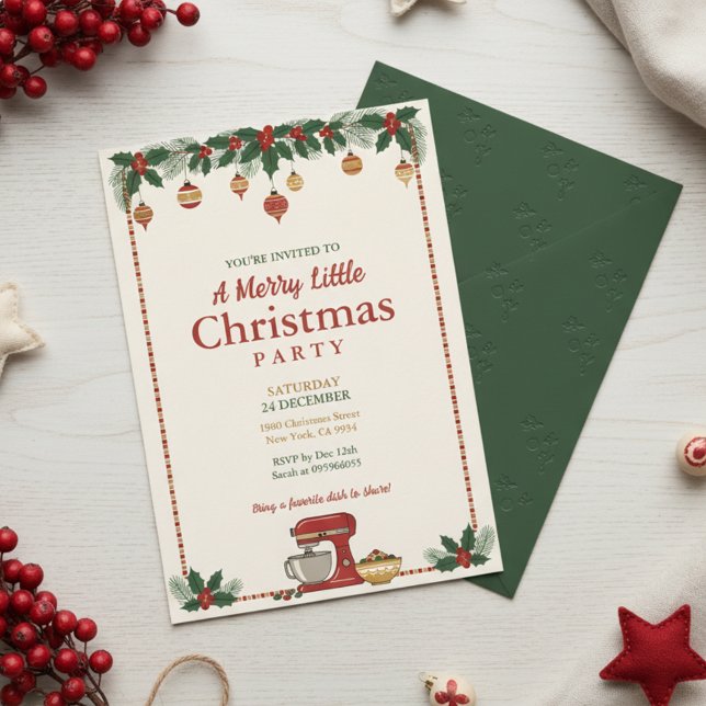 Invitación de fiesta con guirnalda de adornos de N (Christmas Ornament Garland Party Invitation)