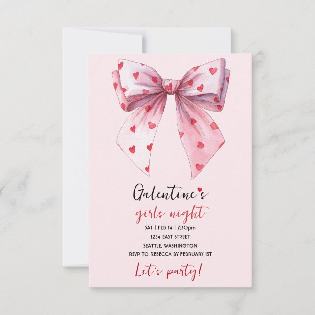 Invitación de fiesta con lazo rosa de Galentines (Anverso)