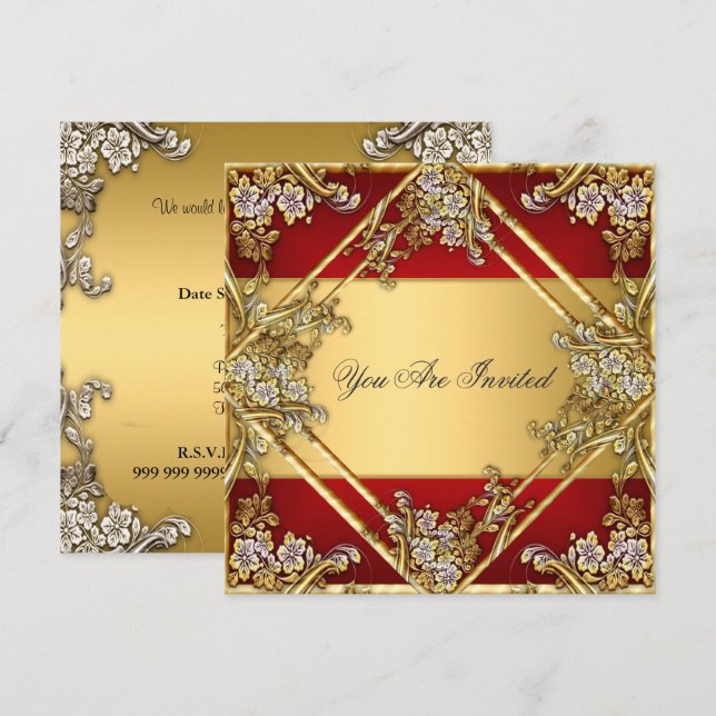 Invitación de fiesta con marco floral rojo dorado  (Anverso / Reverso)