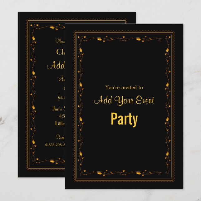 Invitación de Fiesta con Marco Ornamentado Negro y (Anverso / Reverso)