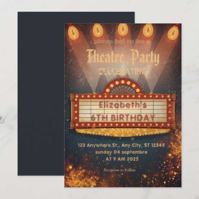 Invitación de fiesta con marquesina de teatro – In (Anverso / Reverso)