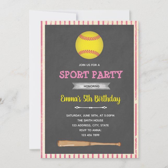 invitación de fiesta con tema de béisbol de sóftbo (Anverso)