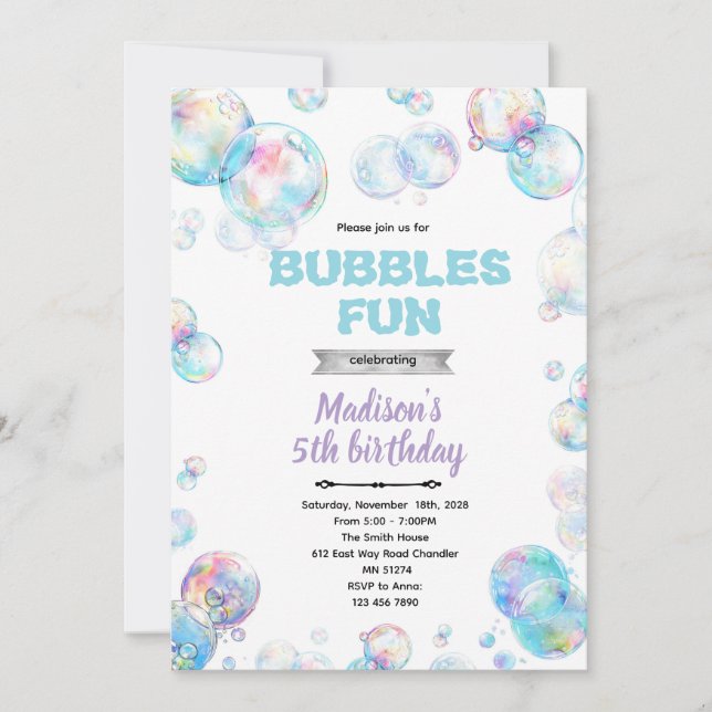 invitación de fiesta con tema de burbujas lindas (Anverso)