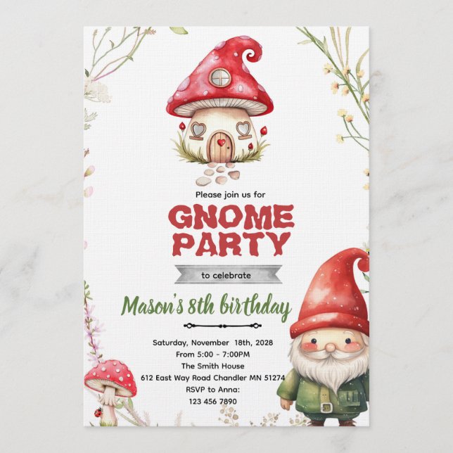 invitación de fiesta con tema de gnomos (Anverso)