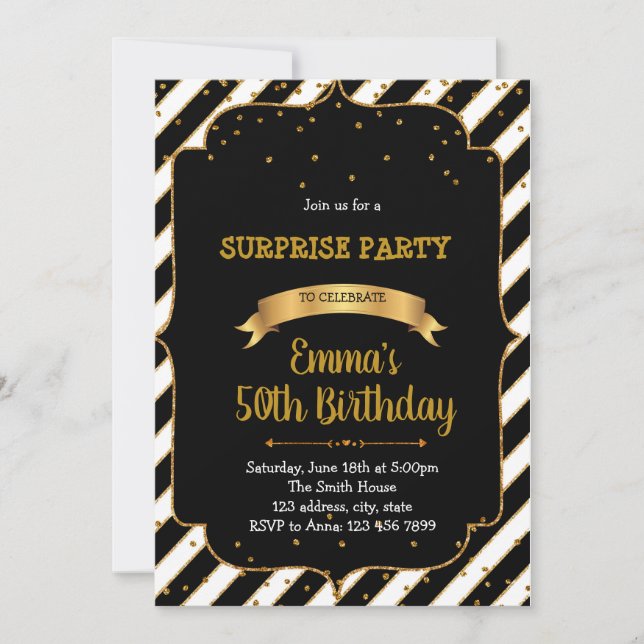 invitación de fiesta con tema de negro y dorado (Anverso)