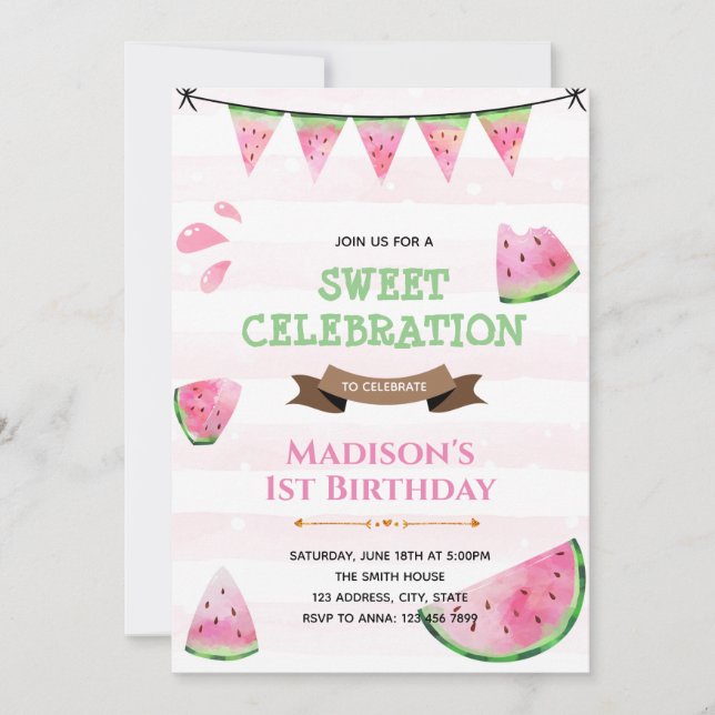 invitación de fiesta con tema de sandía adorable (Anverso)