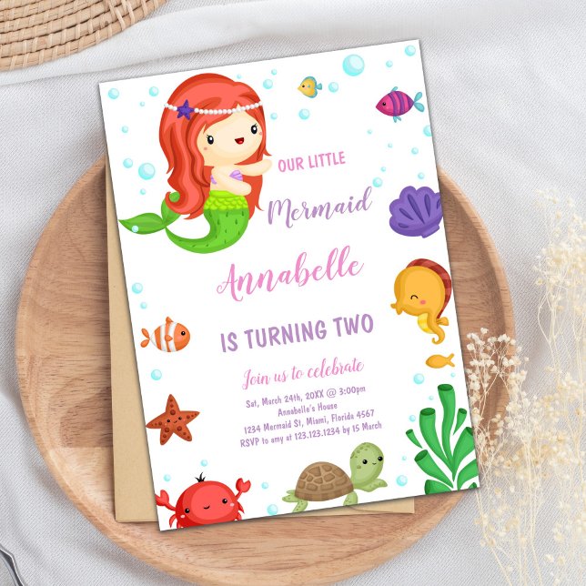 Invitación de Fiesta Cute Under the Sea para Chica (Little Orange Hair Mermaid Invitations)