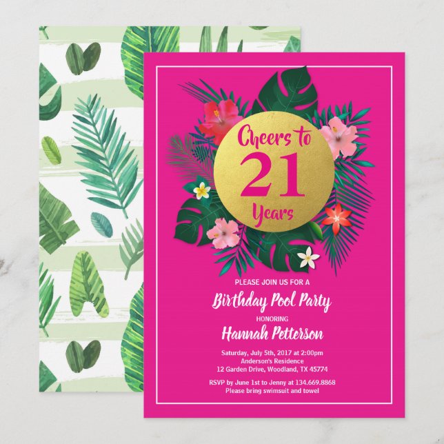 Invitación de fiesta de 21 cumpleaños rosa tropica (Anverso / Reverso)