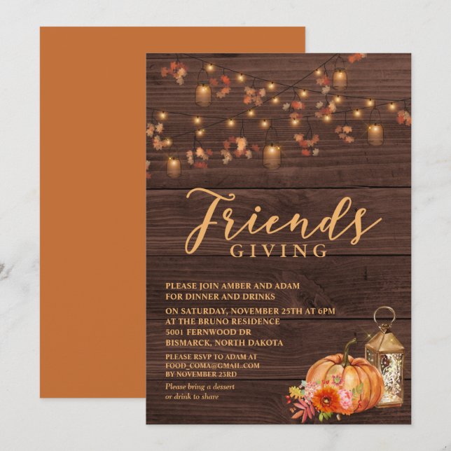 Invitación de Fiesta de Acción de Gracias de Frien (Anverso / Reverso)
