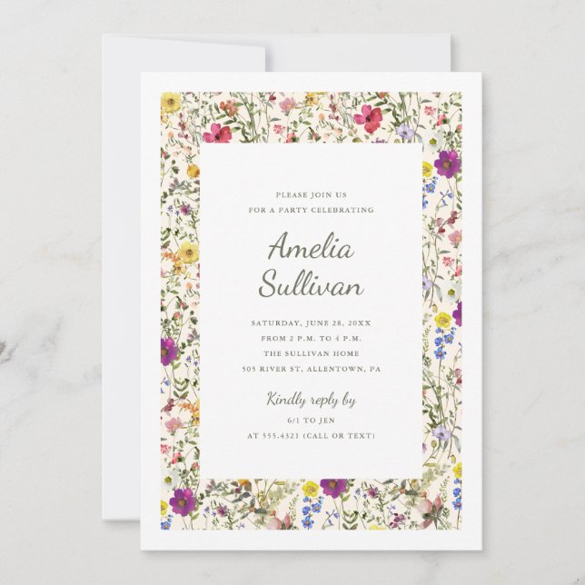 Invitación de fiesta de acuarela de flores silvest (Anverso)