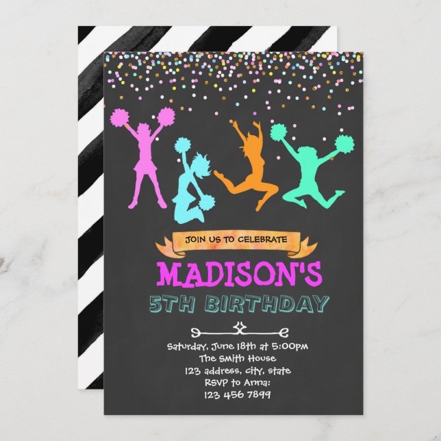 invitación de fiesta de animadora con brillo (Anverso / Reverso)