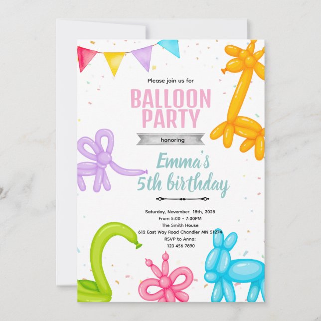 invitación de fiesta de animales de globos (Anverso)